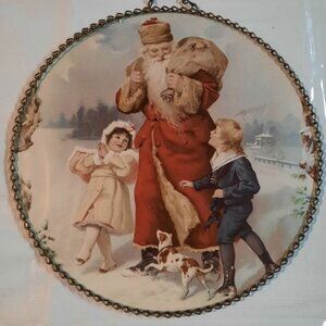 Vintage Flue Cover Victorian Santa Glass Wall Art w/Chain